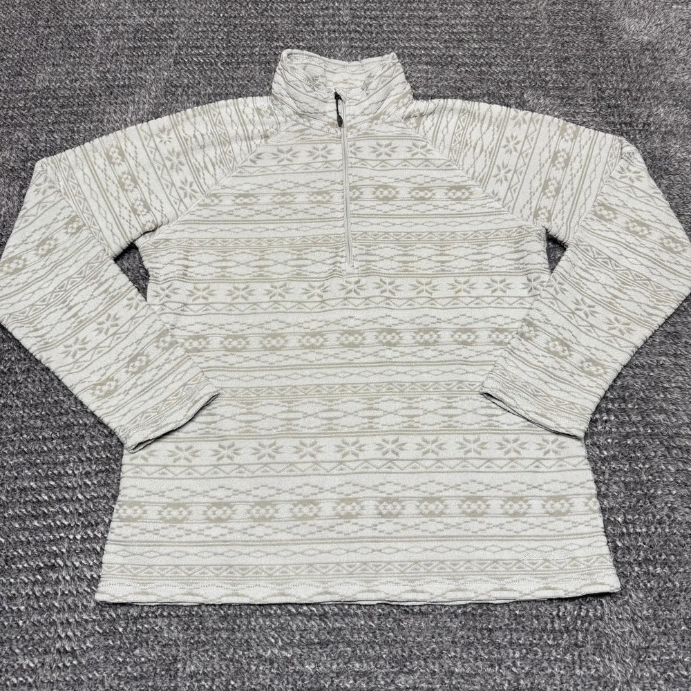 Eddie Bauer Womens Quarter Zip Pullover Fleece Sweater L Cream Fair‎ Isle Nordic